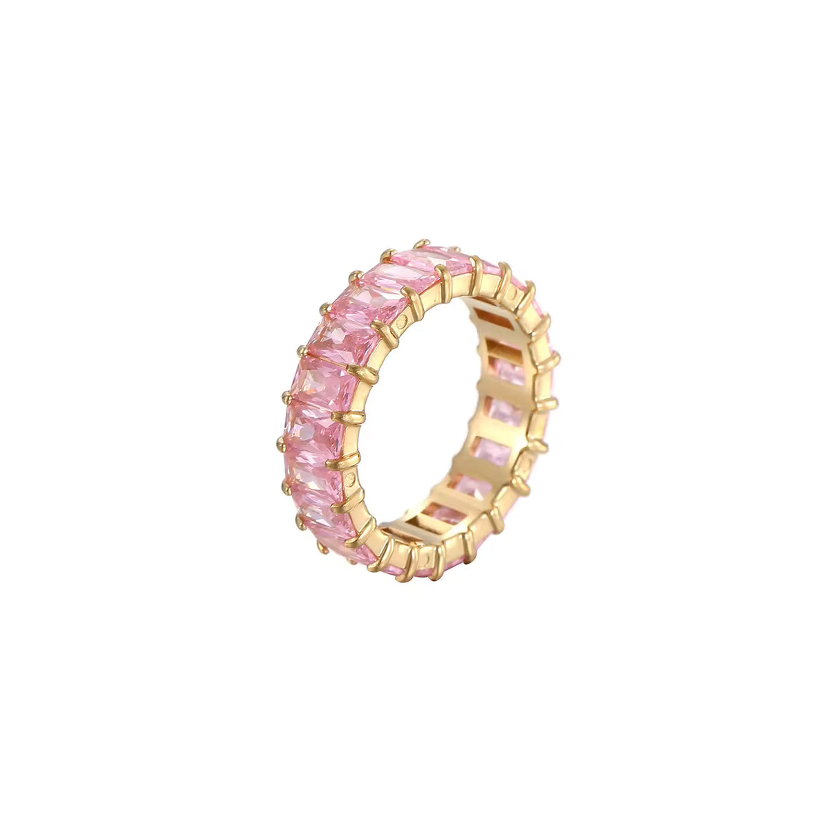 Anel Lumina em aco banhado a ouro com zirconia rosa
