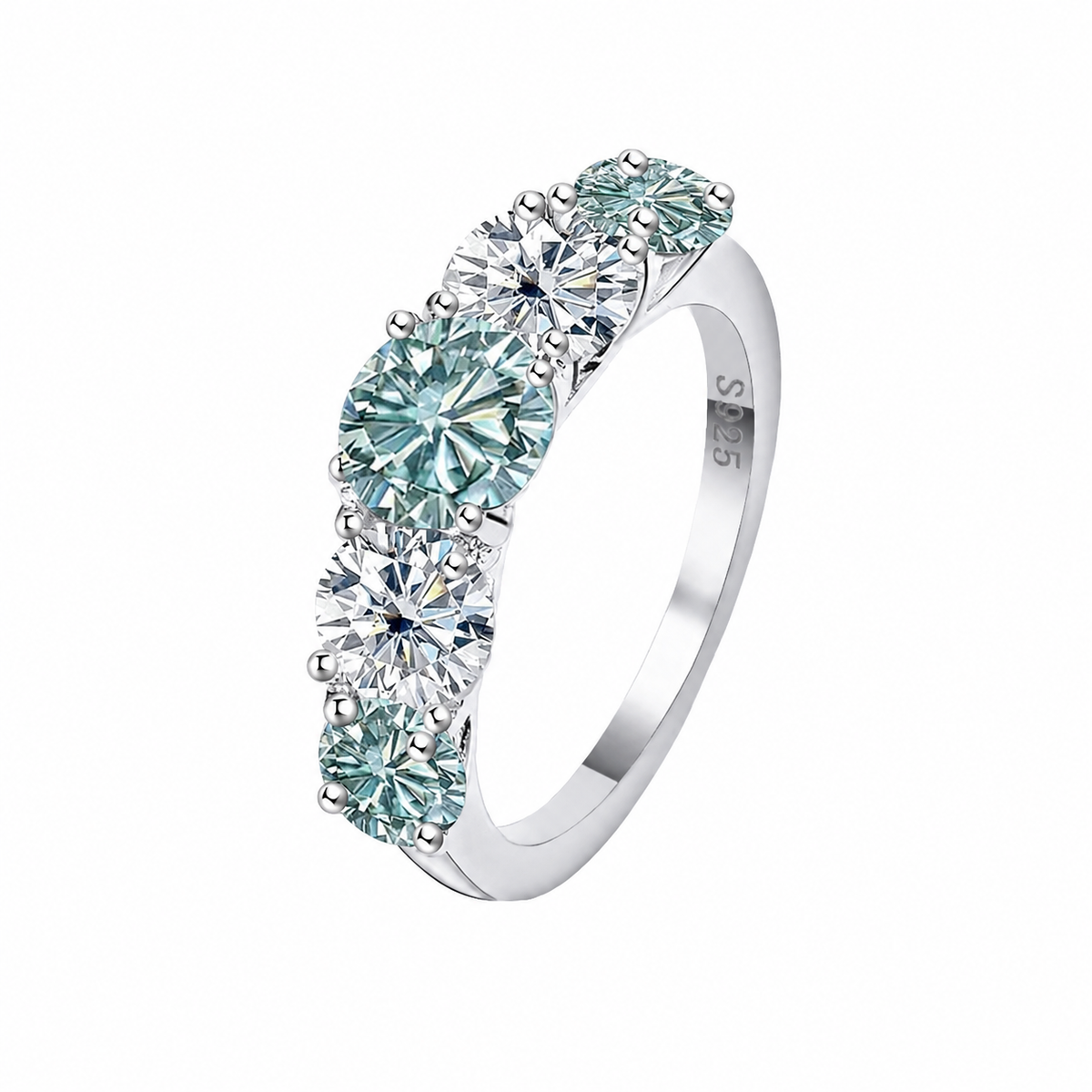 Anel Serena em prata com moissanites incolor e blue green.